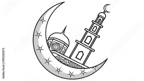 Crescent moon embracing a mosque and minaret, symbolizing Ramadan technology fusion in a serene illustration