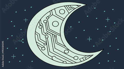 Crescent moon with circuitry pattern in a starry night sky viewed from a distant perspective on a digital canvas