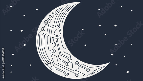 Crescent moon with microchip fusion design in a night sky filled with stars, a blend of technology and lunar view