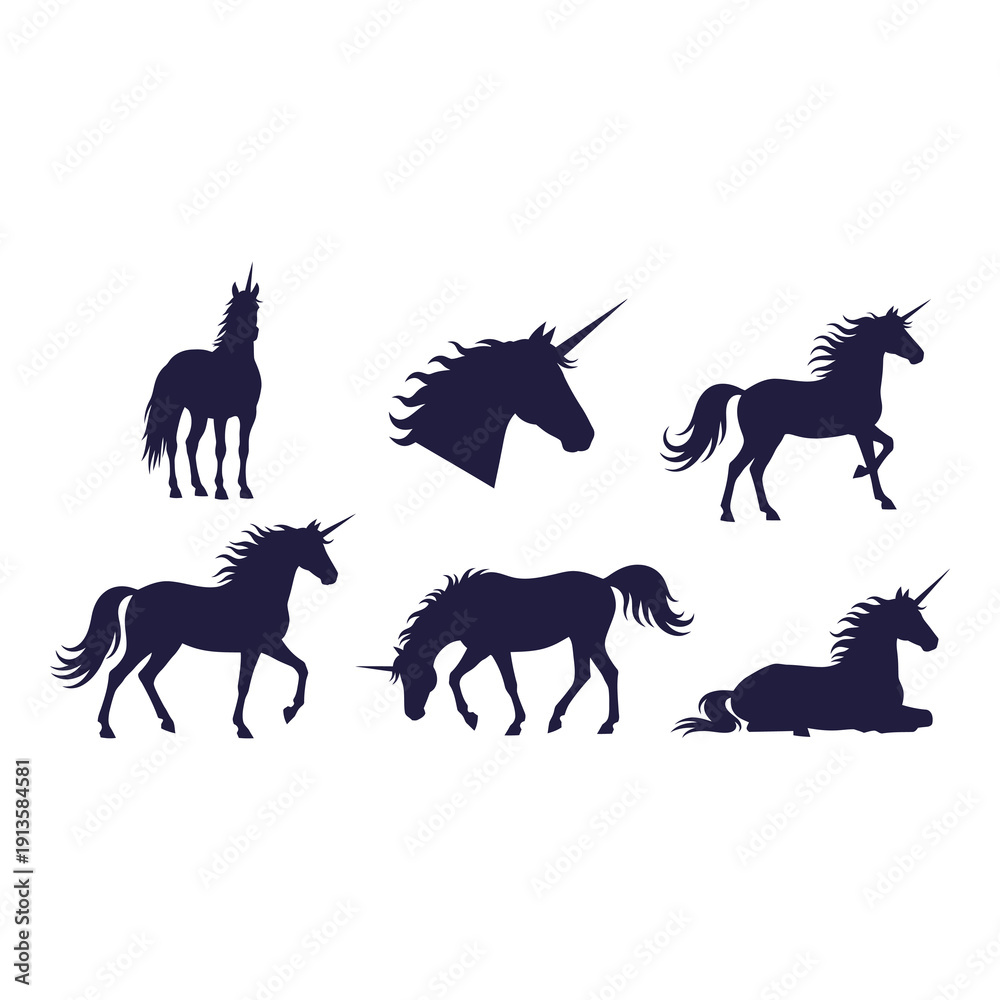 Fototapeta premium Collection of six different unicorn silhouettes in various poses and views icon