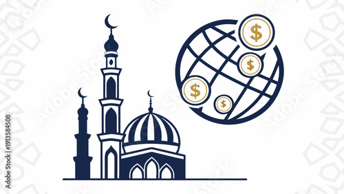 Islamic finance concept illustration featuring a mosque with a global currency network and financial symbols