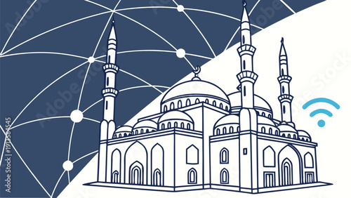 A majestic mosque with digital network lines and connectivity symbol, viewed from a slight angle, representing spirituality and modern technology in harmony.