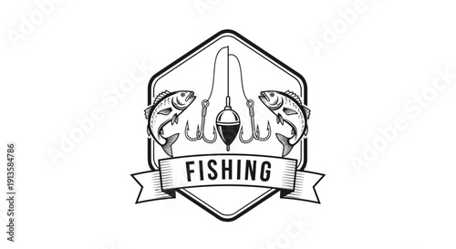 Vintage style fishing logo featuring two jumping fish, hooks, and a float arranged within a classic hexagonal frame.