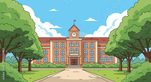 Beautifully designed classic brick school building featuring a central clock tower surrounded by lush green trees and paths.