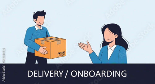 Delivery person hands package to customer for onboarding process.