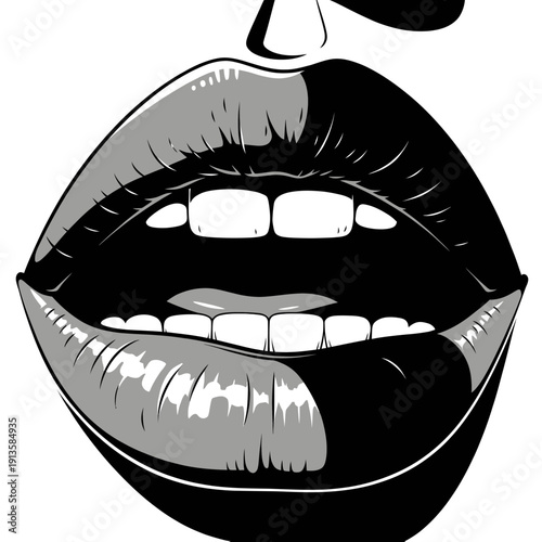 Close-up of Black and White Lips, Open Mouth, Glossy, Sexy, Expressive