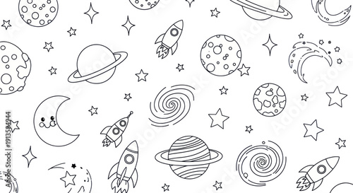Cute Space Pattern: Rockets, Planets, Stars, Moon, Galaxies - Outline Drawing
