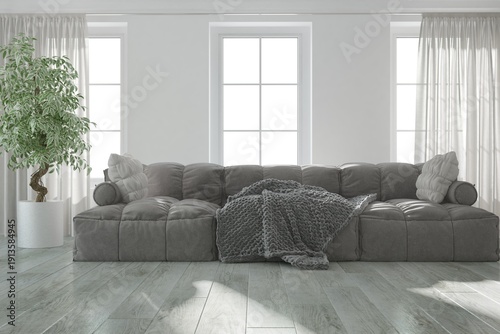 modern room with sofa with pillows and plaid, curtains and pkant in flowerpot interior design. 3D illustration