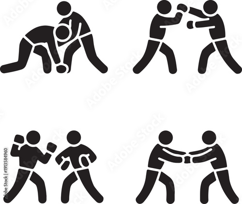 stick figures practicing various martial arts and combat sports techniques