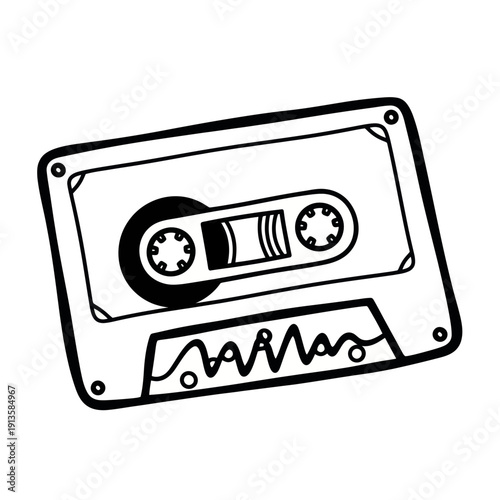 Retro cassette tape icon, hand-drawn doodle art, vintage music symbol