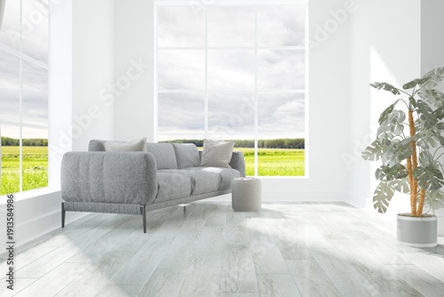 modern room with sofa, plant and beautiful natural background in big white windows interior design. 3D illustration