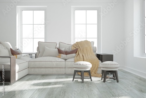 modern room with sofa with pillows and plaid, two pouf and shelfes with books interior design. 3D illustration