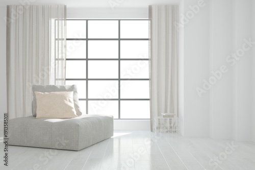 modern room with sofa,curtains and table with books interior design. 3D illustration