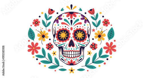 Ornate sugar skull design for the Day of the Dead festival surrounded by colorful flowers and green leaves on a white background.