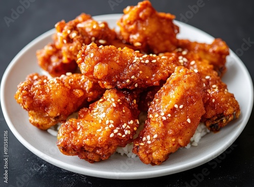Crispy glazed chicken wings with sesame seeds on rice