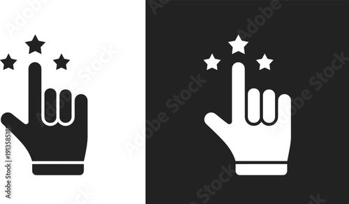 Hand gesture icon with raised finger and stars, black and white minimalist symbol isolated on light and dark background, flat vector illustration for rating and feedback design