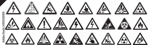 Warning triangular caution shapes signs with various danger symbols: hazard, flammable, radiation, slipping, electrical, biohazard, toxic, explosion