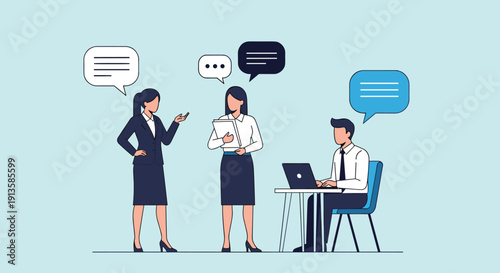Professional business people interacting and talking in an office environment with various digital speech bubbles above them.
