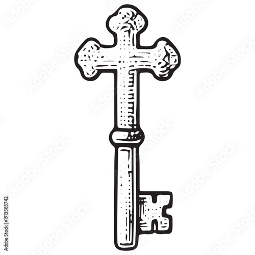 Cross Shaped Antique Key Illustration – Vintage Religious Skeleton Key