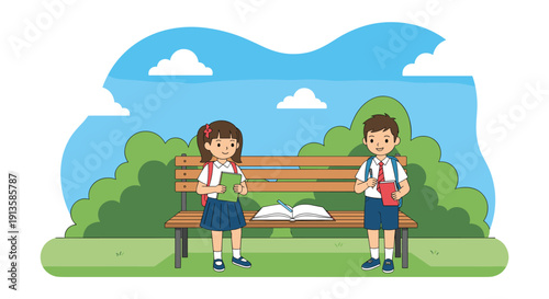 School boy and girl in uniforms sitting together on a park bench with an open book and study materials in nature.