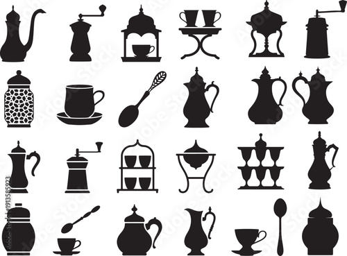 Coffee and tea icons set collection with pots and cups symbols isolated on transparent background