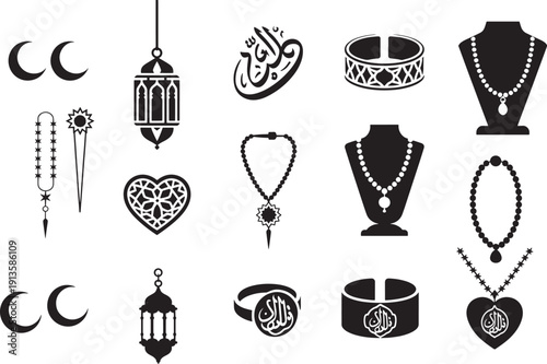 Islamic jewelry and decorative items including bracelets necklaces prayer beads and calligraphy
