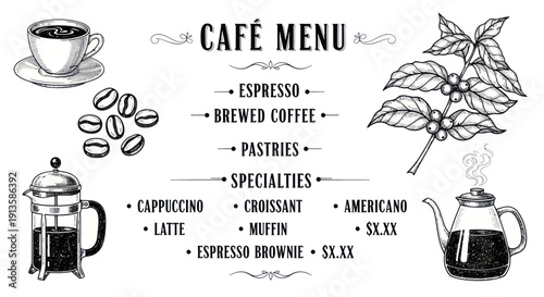 Hand-drawn Cafe Menu with Coffee, Pastries, and French Press