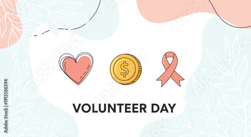 International volunteer day banner with heart coin and pink ribbon symbols on a decorative floral and abstract background.