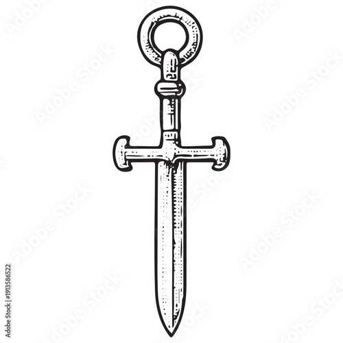 Medieval Sword Key Illustration – Antique Cross Guard Skeleton Key Line Art