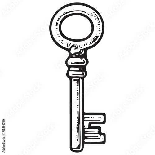 Vintage Round Key Illustration – Antique Skeleton Key Engraving Line Art