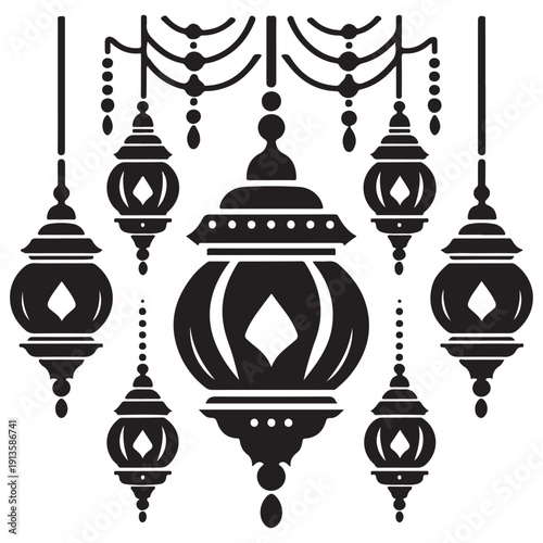 Ornate hanging lanterns create a festive and decorative display