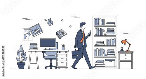 Businessman in a suit walking through a modern minimalist office interior with floating icons of charts and communication.