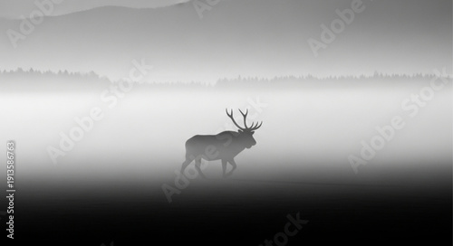 Lonely deer walking in foggy landscape with mountains.