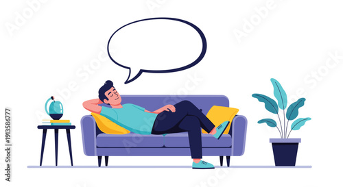 Young man relaxing comfortably on a blue sofa in a cozy living room with a large blank speech bubble for custom text message.