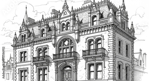 Ornate Gothic Revival Style Mansion with Intricate Architectural Details.