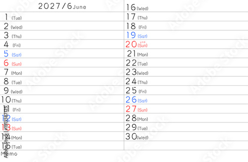 2027年シンプルカレンター　6月　曜日英語