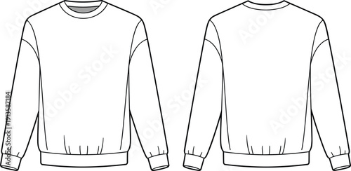 Basic crewneck sweatshirt front and back view, long sleeve pullover mockup, flat vector CAD drawing casual apparel design template