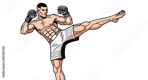 Illustration of a muscular man performing a high kick with boxing gloves on a white background.