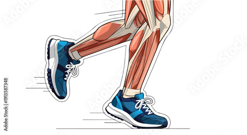 Illustration of a person's legs and feet wearing blue sneakers while running on a white background with exposed muscles.