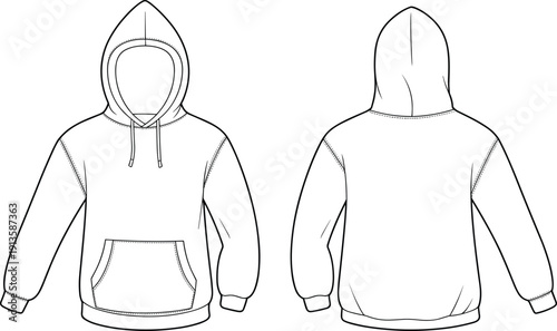 Classic pullover hoodie front and back view with kangaroo pocket, casual long sleeve sweatshirt mockup, flat vector CAD drawing template
