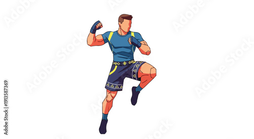 Full-body illustration of a muscular man in a blue sports outfit throwing a punch with a dynamic pose on a plain white background.