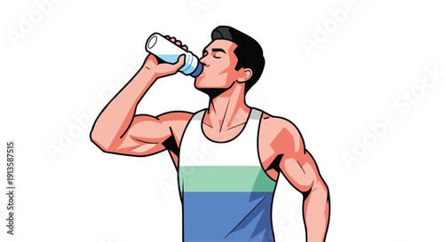 Illustration of a muscular man drinking from a water bottle while wearing a sleeveless athletic top with a plain white background.
