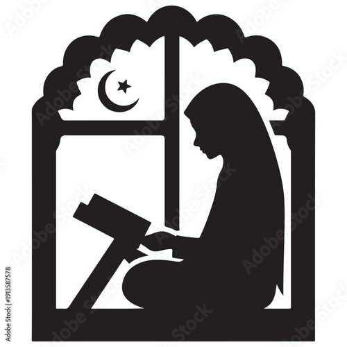 Young Muslim girl reads holy book illuminated by crescent moon and star through arched window
