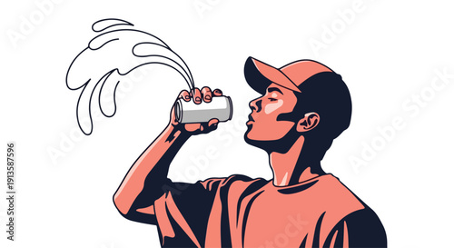 Illustration of a man in a cap drinking from a can with a flat, graphic style and a bold color scheme on a plain white background.