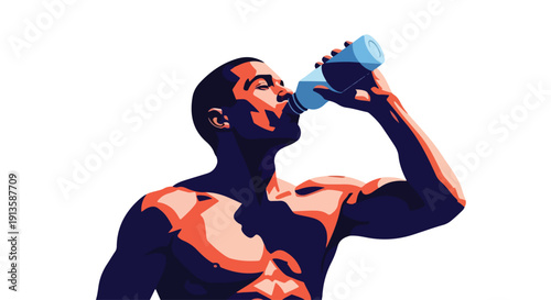 Illustration of a muscular man drinking from a water bottle with bold orange and blue hues against a white background.