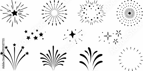 Black and white illustration of various stylized firework shapes and sparkles
