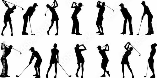 Silhouettes of golfers in various stages of a golf swing