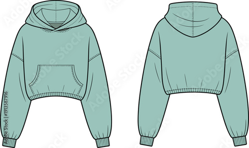 Cropped hoodie front and back view with kangaroo pocket, flat vector CAD drawing casual apparel mockup template