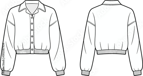 Cropped button up cardigan front and back view, long sleeve knit sweater mockup, flat vector CAD drawing for womens apparel fashion template