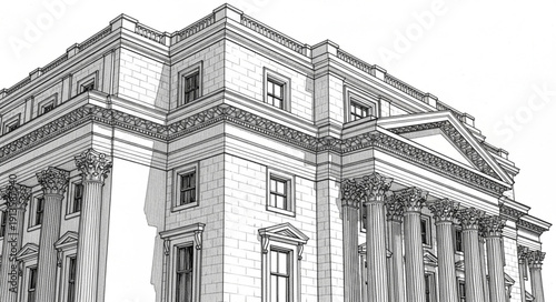 Detailed architectural drawing of a neoclassical building with columns and ornate details.